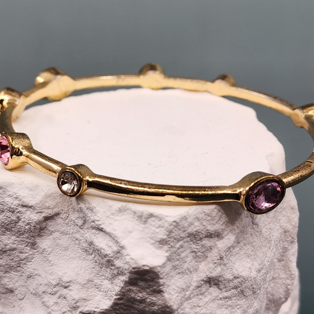 Gold Tone Pink Purple Yellow Rhinestone Bangle Bracelet Crystal Glam Statement